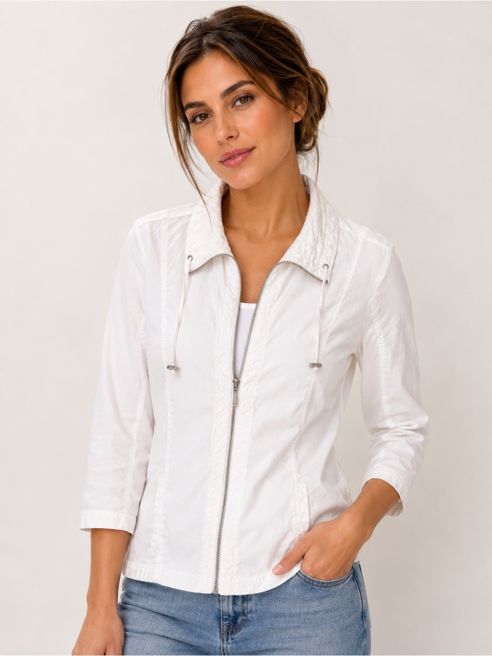 Dressbarn White Zip Front Utility Jacket XL – Lightweight Cotton 3/4 Sleeve